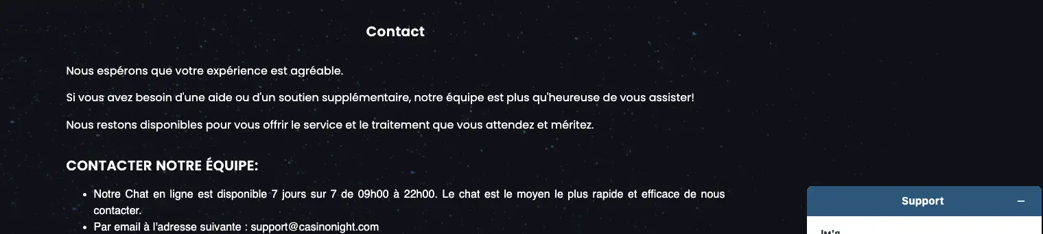 Service client Casino Night - Support joueurs 24/7