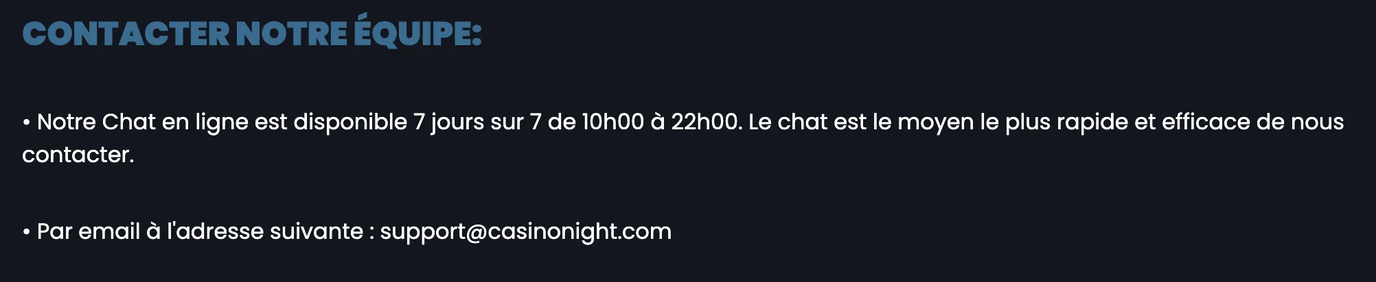Service client Casino Night - Support joueurs 24/7